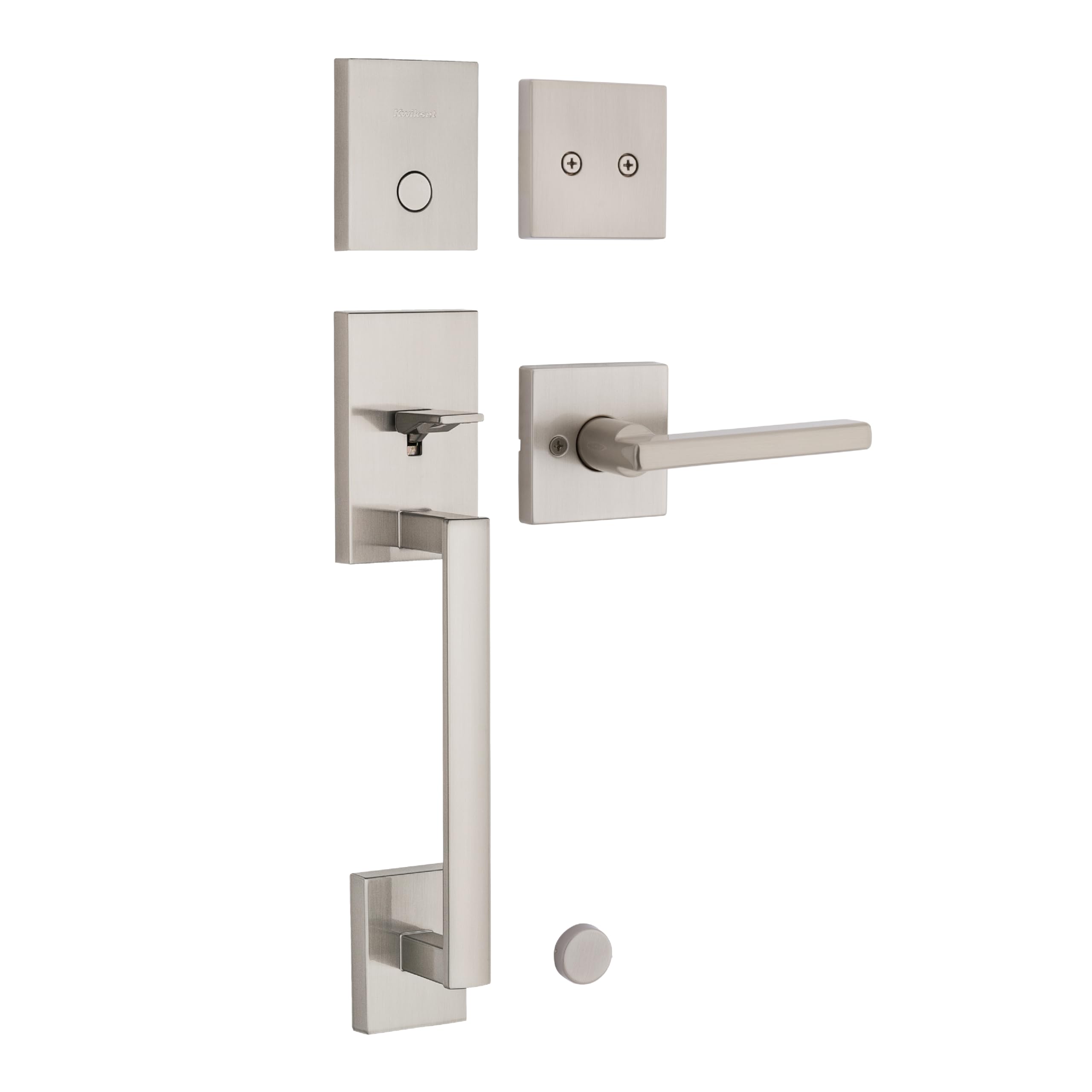 Kwikset San Clemente Non-Functioning Front Door Lock Handle, Inactive Deadbolt and Interior Door Handle, Dummy Handleset Exterior with Interior Reversible Lever, Satin Nickel with Microban Protection