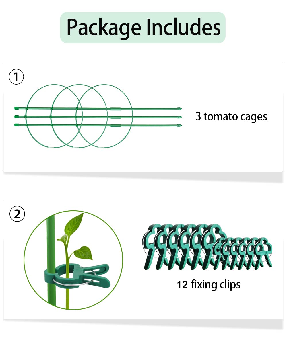 Alliico Plant Support Cages for Climbing Plant Upgrade Flower Tomato cage with Stand Stakes and Stable Support Rings, 3 Pack with 12 Clips (36")