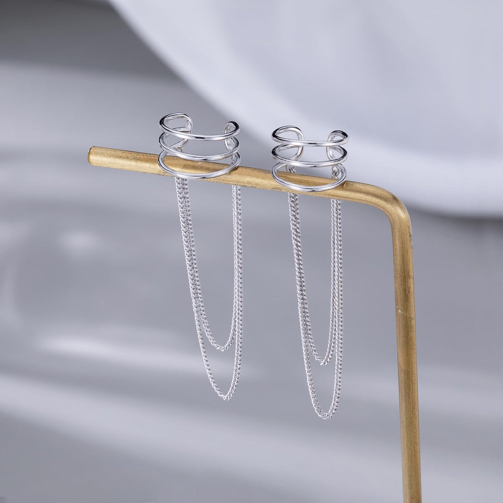 SLUYNZ 925 Sterling Silver No Piercing Cuff Earrings Chain for Women Wrap Earrings Tassel Clip On Ear (A-Silver)
