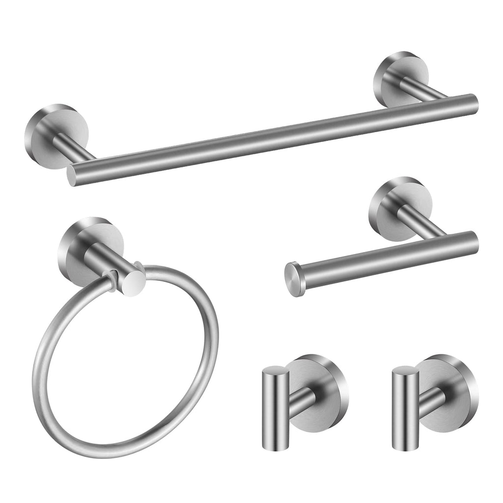 Hinmood Towel Bar Set Brushed Nickel, Bathroom Towel Ring Set 5pcs Including 2pcs 16'' Tower Bar, Towel Ring and 2 PCS Towel Hooks