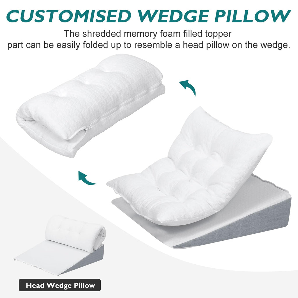 TANYOO Bed Wedge Pillow for Sleep Apnea 7.5Inch Gerd Pillow Patent Dual Layer Triangle Pillow Adjustable Shredded Memory Foam Topper Soft Support Ideal for Acid Reflux, After Surgery, Snoring