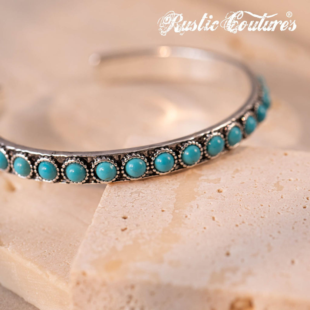 Montana West Women Silver Single Row Round Turquoise Open Cuff Bracelet