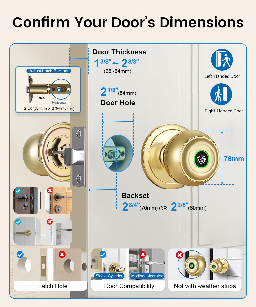 KLLOQUE Fingerprint Door Lock, Smart Fingerprint Door Knob with Lock, Biometric Door Locks with App Control & Key, Keyless Thumbprint Entry Door Locks for Bedroom, Front Door, Home, Apartment-Brass
