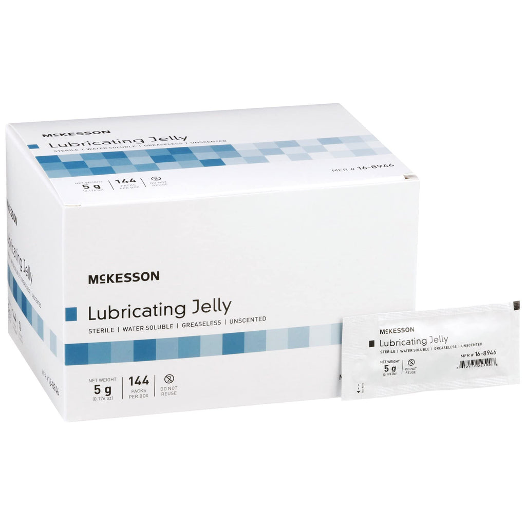 McKesson Lubricating Jelly, 5 g [144 Count] Water Based Non-Sticky Lube, Water Soluble Lubricant Gel - for Surgical, Medical, Personal – Sterile Individual Packets