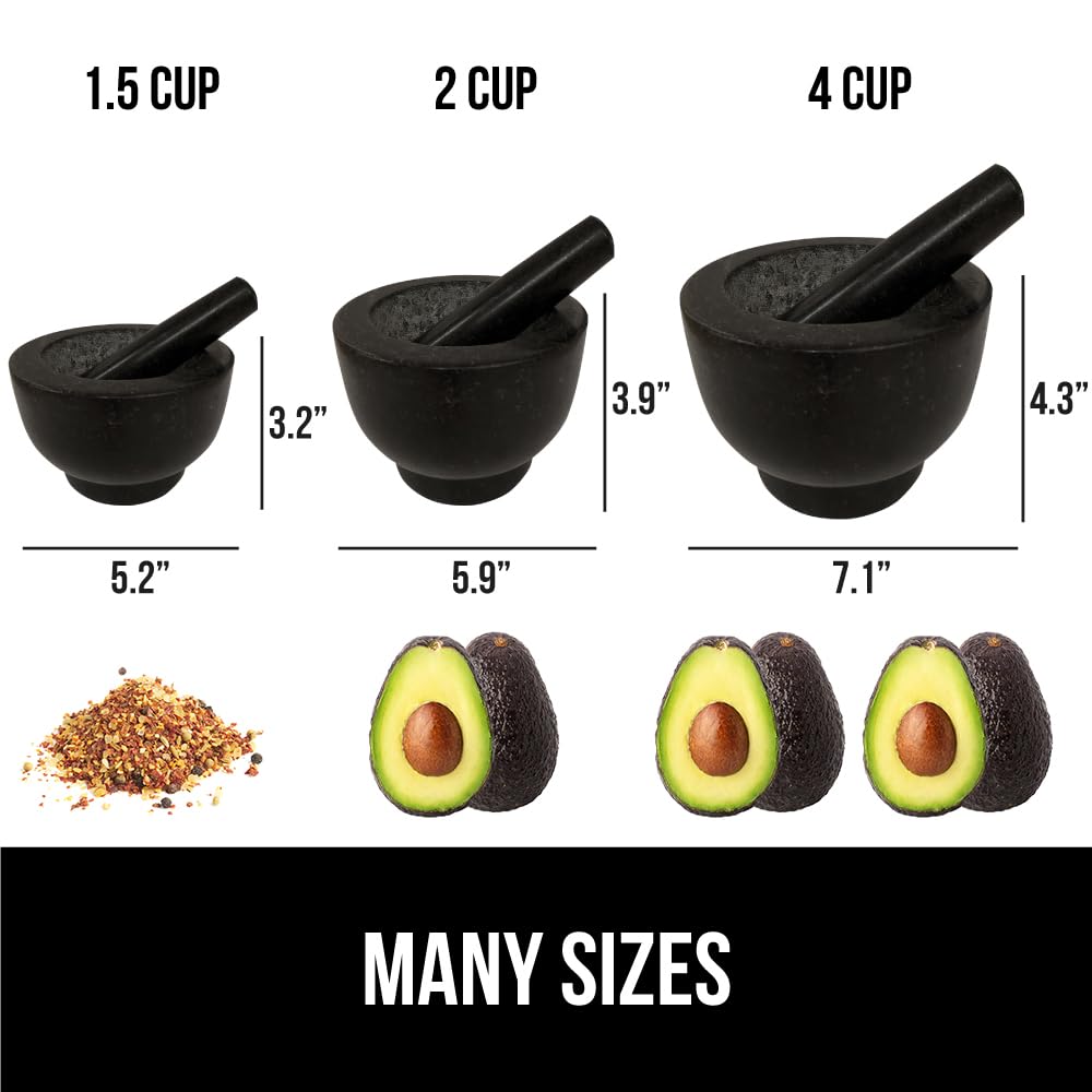 GORILLA GRIP 100% Natural Granite Stone Mortar and Pestle Set, Non-Scratch Base, Heavy Duty Polished Molcajete Guacamole Salsa Bowl, Grind Seeds, Herbs, Pills, Kitchen Lab Muddler, 1.5 Cup Black