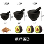 GORILLA GRIP 100% Natural Granite Stone Mortar and Pestle Set, Non-Scratch Base, Heavy Duty Polished Molcajete Guacamole Salsa Bowl, Grind Seeds, Herbs, Pills, Kitchen Lab Muddler, 1.5 Cup Black