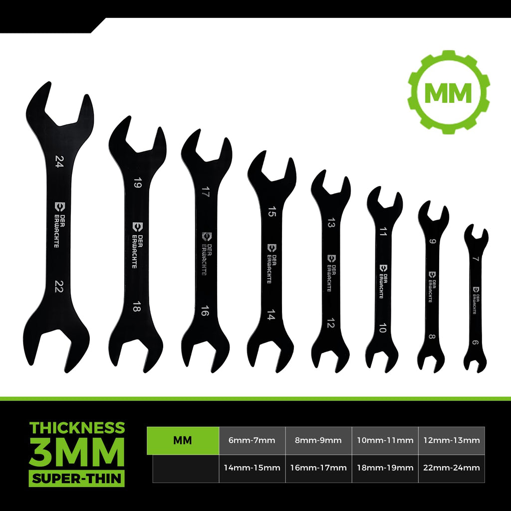 Der Erwachte Super-Thin Open End Wrench Set, Metric, 8-Piece,6mm to 24mm, Black Electrophoretic Coating, with Rolling Pouch