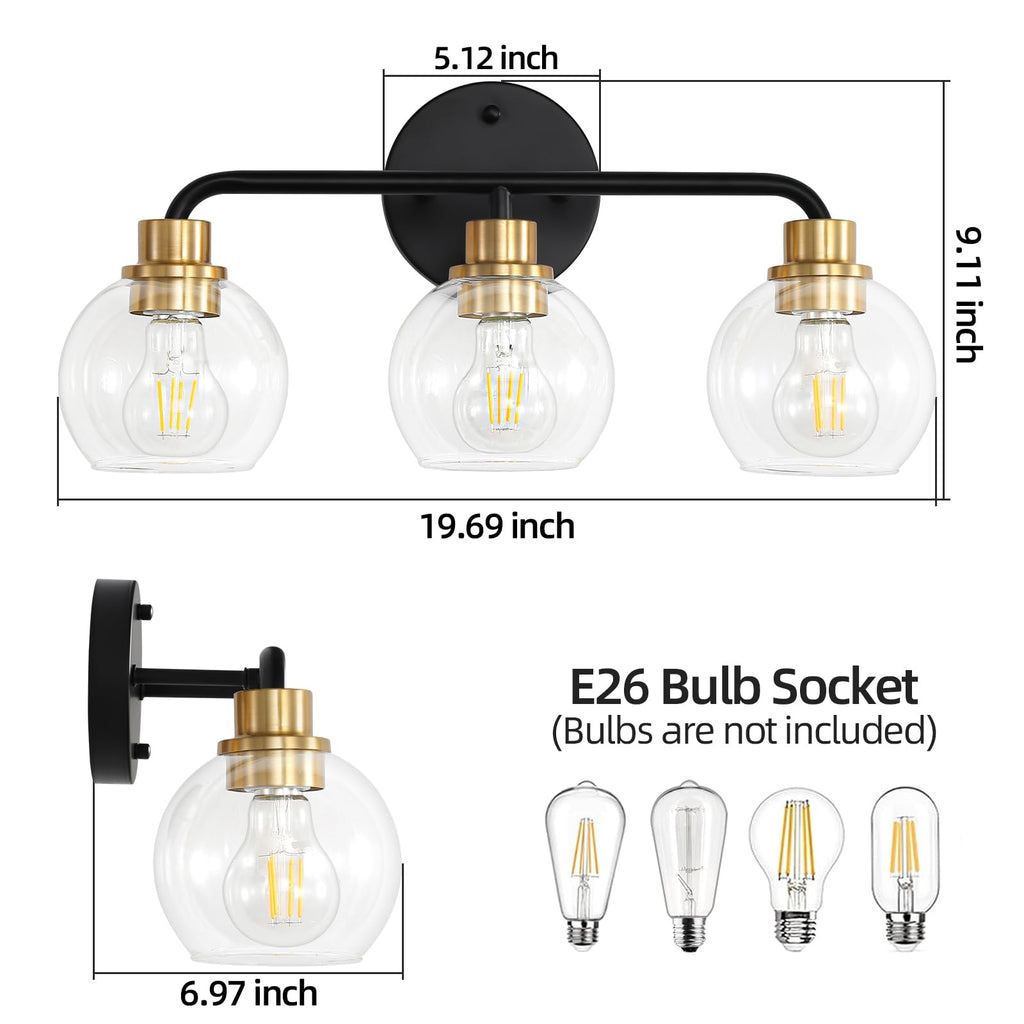 3 Light Bathroom Vanity Light, Black and Gold Bathroom Light Fixtures with Clear Glass Shade Modern Wall Sconces Lighting Bath Wall Lights Lamp for Mirror Kitchen Living Room Bedroom Hallway Cabinet