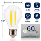 FLSNT 100W Equivalent A19 LED Light Bulbs, Efficient 12W, 1600Lumens, 5000K Daylight, CRI82, E26 Base, LED Filament Light Bulbs Clear Glass, 4 Pack, Dimmable
