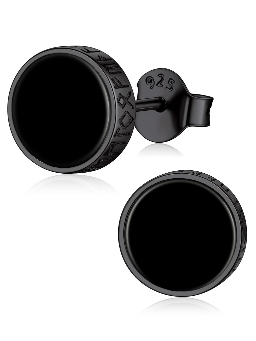 ChicSilver 925 Sterling Silver Earrings for Men, Hypoallergenic 8MM Viking Rune Men's Earring, Natural Black Onyx Mens Stud, Fathers Day Christmas Jewelry