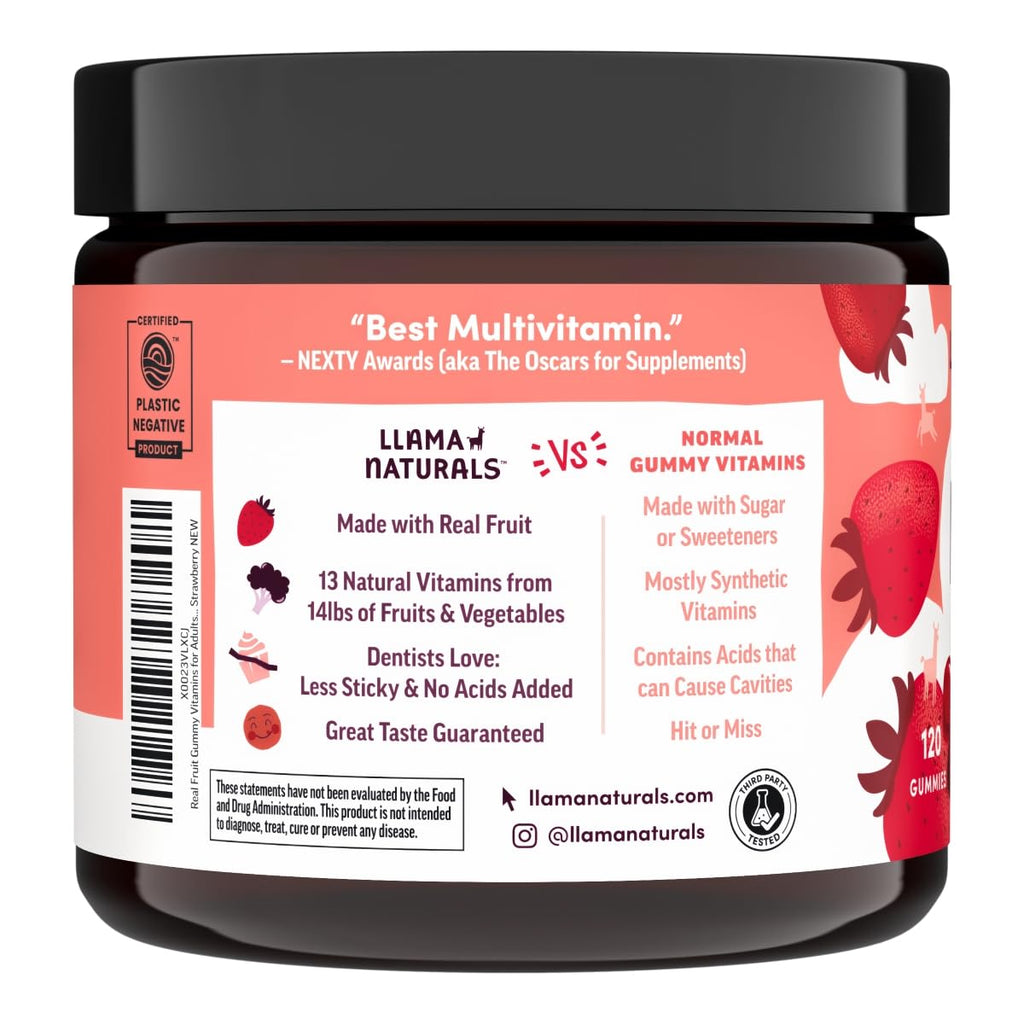 Llama Naturals Multivitamin for Women & Men, Vegan, Organic Gummies with Vitamin D, C & K, Adults Real Fruit Gummy Vitamins, Chewable Multivitamin Supplement, No Added Sugar Cane, Strawberry, 120 Ct