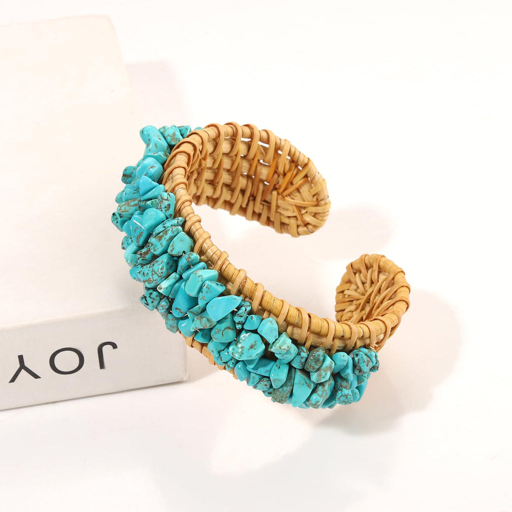 Rattan Bracelet Handmade Lightweight Straw Wicker Braid Cuff Bangle Bracelet Statement Adjustable Bohemian Rattans Woven Chunky Bracelets for Summer Wrist Jewelry (Z Rattan Cuff Bracelet Turquoise)