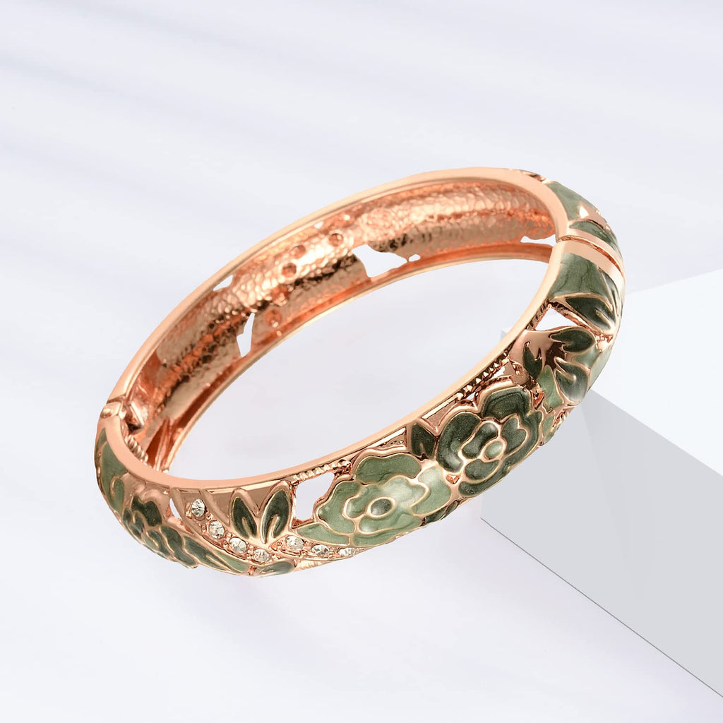 UJOY Vintage Jewelry Cloisonne Handcrafted Enameled Gorgeous Rhinestone Hinged Cuff Bracelet Bangles Gifts 88C06 Rose Green
