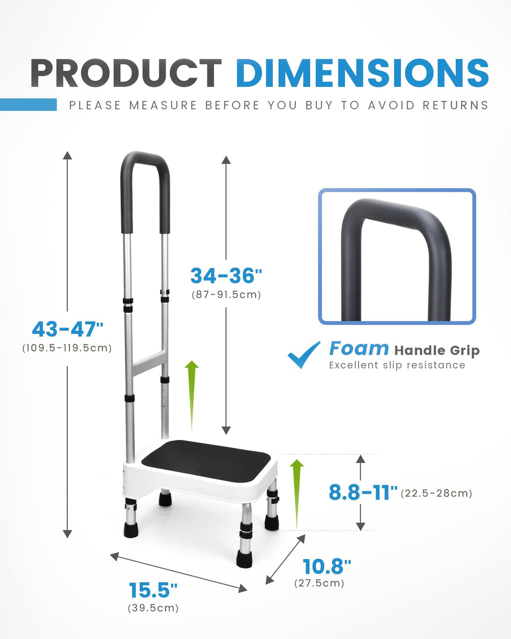 Sangohe Step Stool with Handle for Elderly, Aluminum Step Stools for Adults, Step Stool for Bed, Step Stool with Adjustable Handle and Legs, 275LBS Weight Capacity, 503A