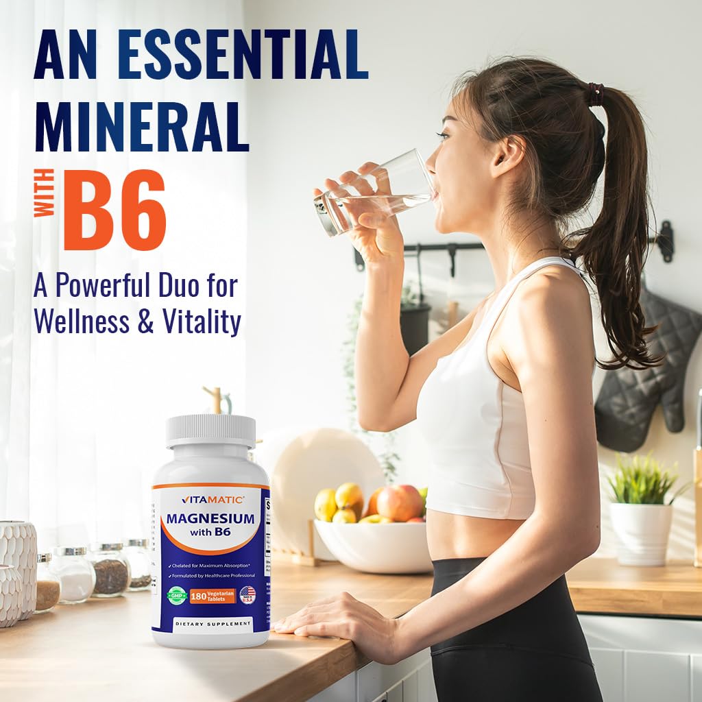 Vitamatic Magnesium with B6-180 Vegetarian Tablets (Uncoated) - Added B6 for Maximum Absorption - Supports Muscle, Joint, and Heart Health - 2 Pack