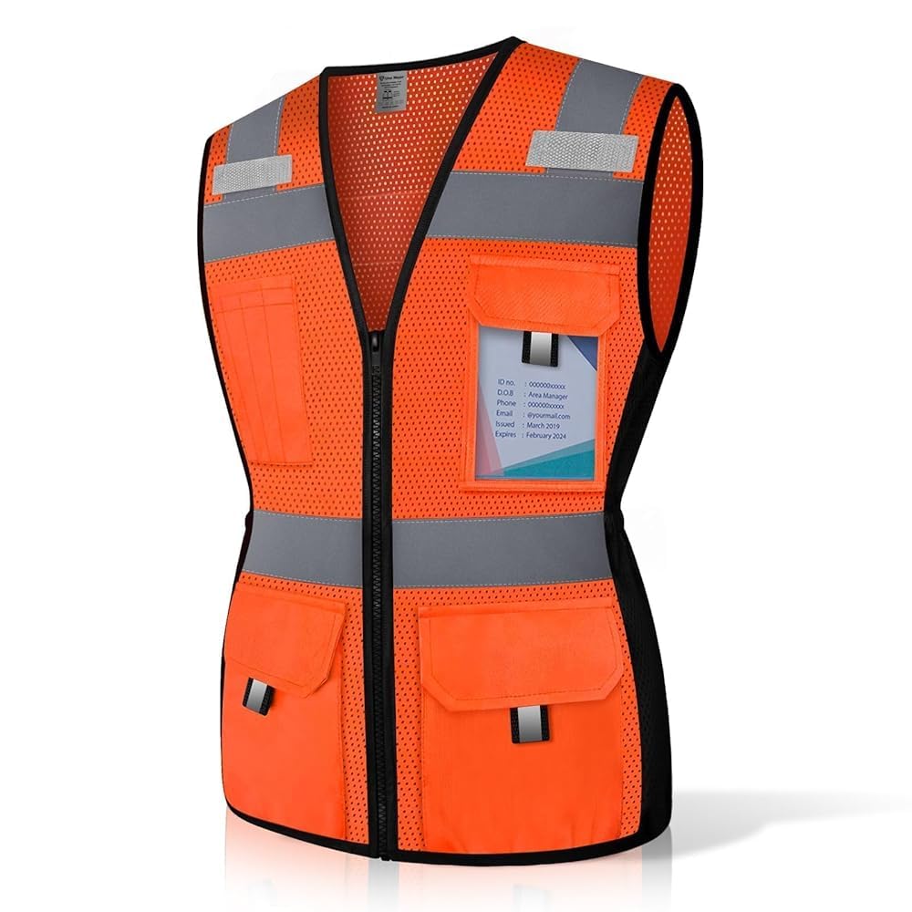 Uno Mejor Womens Safety Vest with 11 Pockets Hi Vis Mesh Reflective Safety Vest for Women, Lady Neon Construction Work Vest with Zipper, Snug-Fit & Durable, ANSI Compliant, (U-Orange, L)