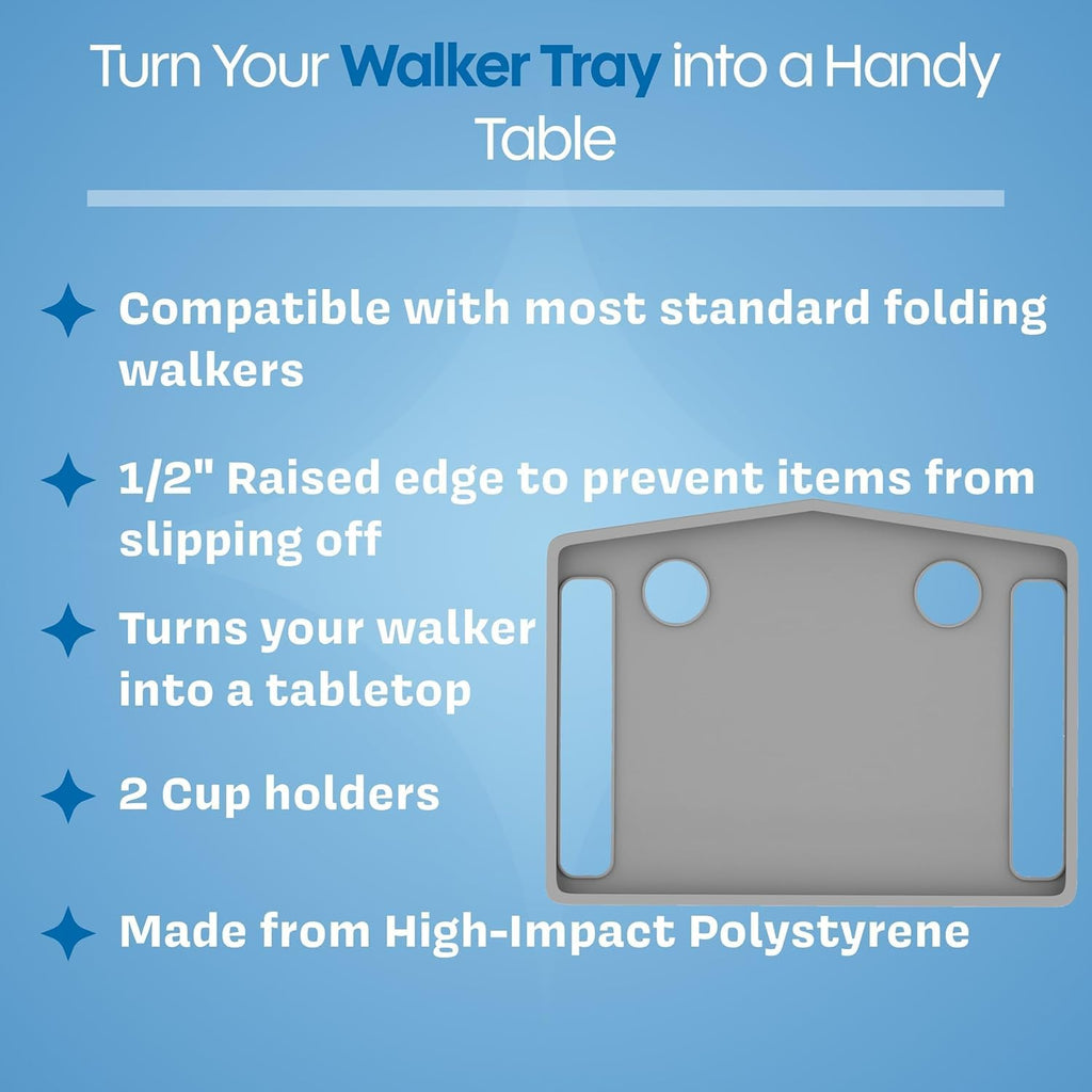 Walker Tray Table with 2 Cup Holders - Universal Trays for Standard Folding Walkers - Home Mobility Accessories by Bluestone (Gray)