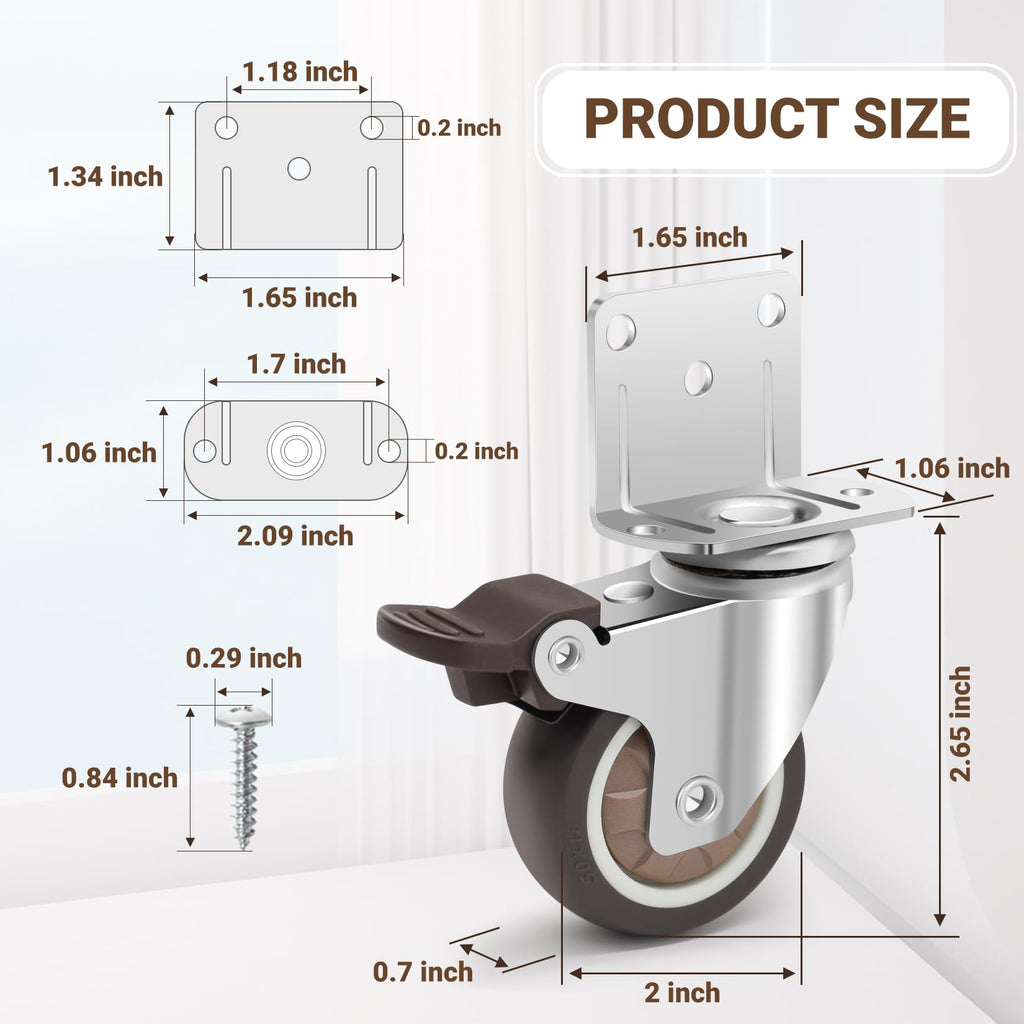 Nefish Side Mount Casters 2 Inch L-Shaped Small Rubber Caster Set of 4, Ball Bearing 360 Degree Plate Swivel Castors Wheel 600 LBS, Casters Wheels for Furniture, Baby Bed, Kitchen, Cabinet, Table