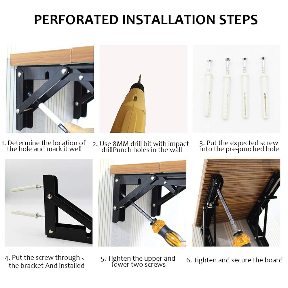Storystore Folding Shelf Brackets - 8 Inch Heavy Duty Metal Collapsible Shelf Bracket for Bench Table, Shelf Hinge Wall Mounted Space Saving DIY Bracket, Max Load: 150 lb (4 PCS, Black)