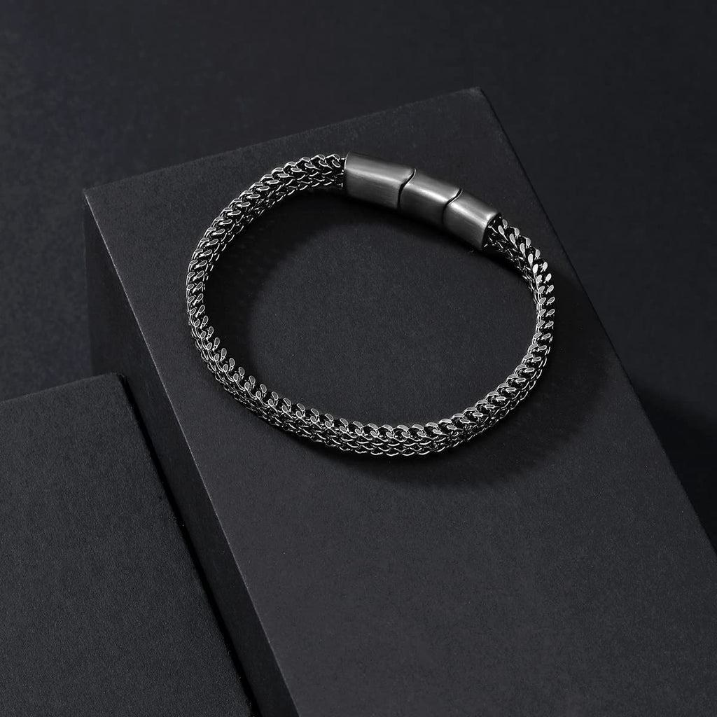 Qumfole Mens Bracelet-Stainless Steel Magnetic Clasp Franco Chain Bracelets for Men Gunmetal