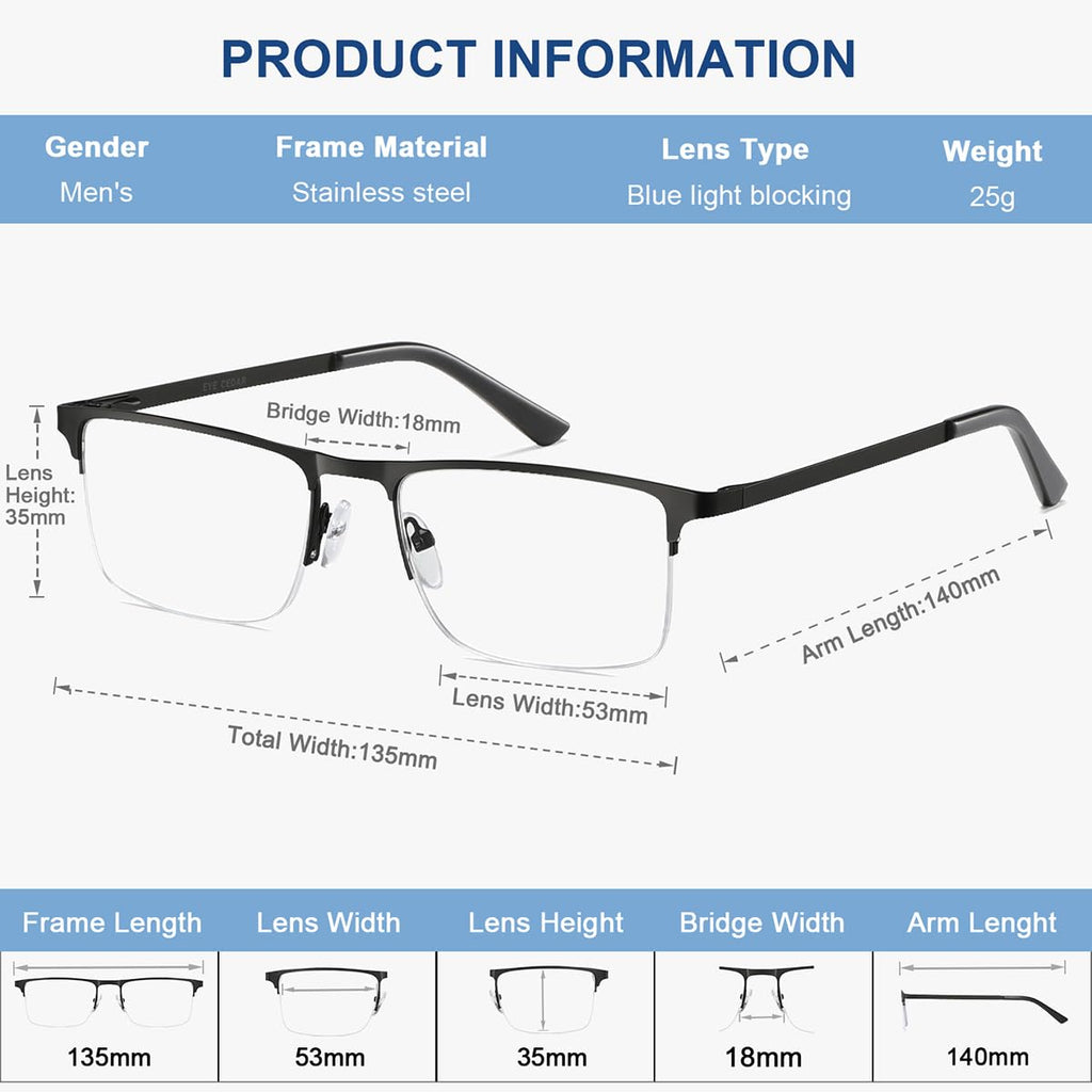 EYECEDAR 5 Pack Quality Reading Glasses Men Metal Half Frame Spring Hinges Blue Light Blocking Computer Eyeglasses Readers for Men 2.0