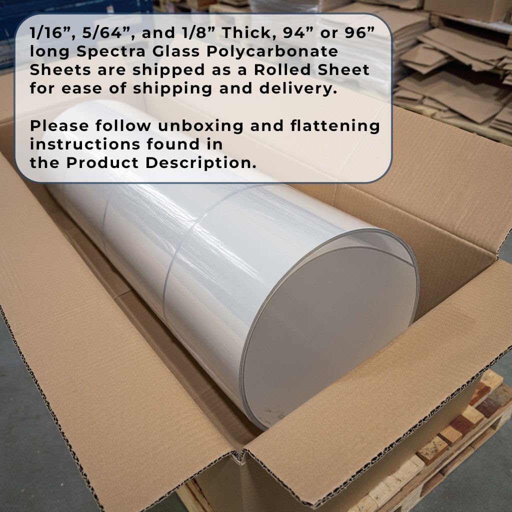 Spectra Glass Clear Polycarbonate Rolled Plastic Sheet. Stronger Than Plexiglass Sheets. UV, Impact, Weather Resistant. Sizes Nominal Cut Within +-1/8". Made in USA. 24" x 96" (1/16" Thick)