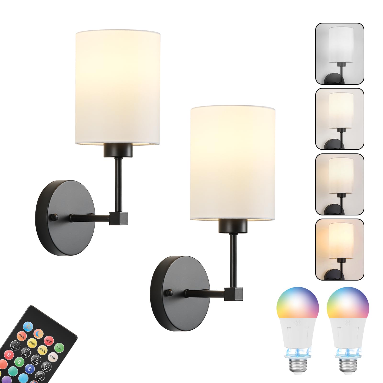 Battery Operated Wall Sconce Set of Two,Wireless Rechargeable Wall Light With Remote Control, Dimmable, 1800K/3000K/4000K/6000K/RGB, Timer, for Living Room, Bedroom, Fireplace, TV, 13.5 Inch, Black
