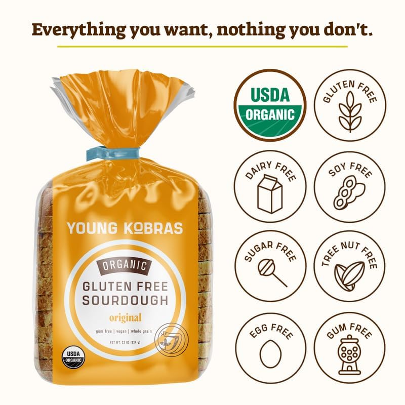 Young Kobras Organic, Gluten-Free Original Sourdough Bread 22oz (2-pack) - Allergen Friendly, Vegan, Gum-Free, Simple Ingredients & Made Fresh to Order