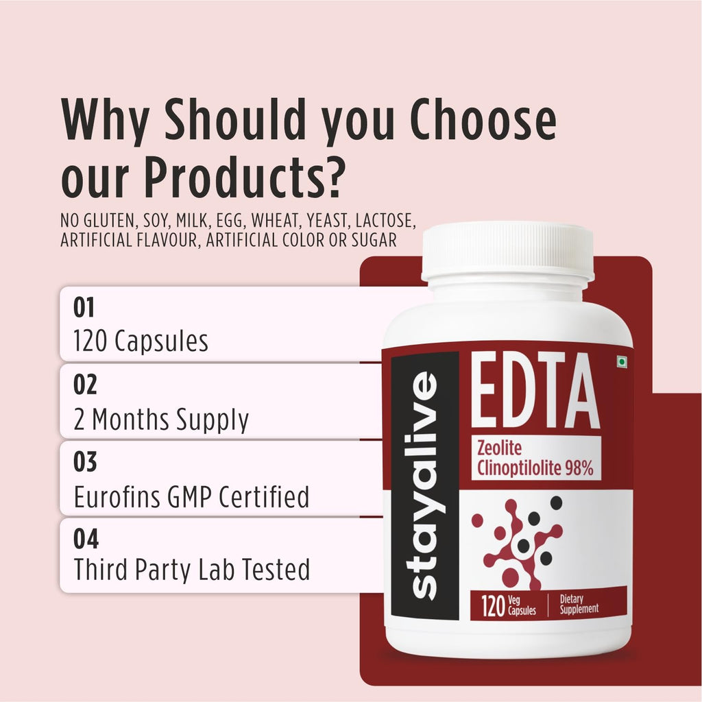 STAY ALIVE EDTA Capsules 1500mg with Zeolite 98% and Kale Extract Powder, 120 Pills, Non-GMO & Gluten Free Calcium Disodium EDTA Supplement