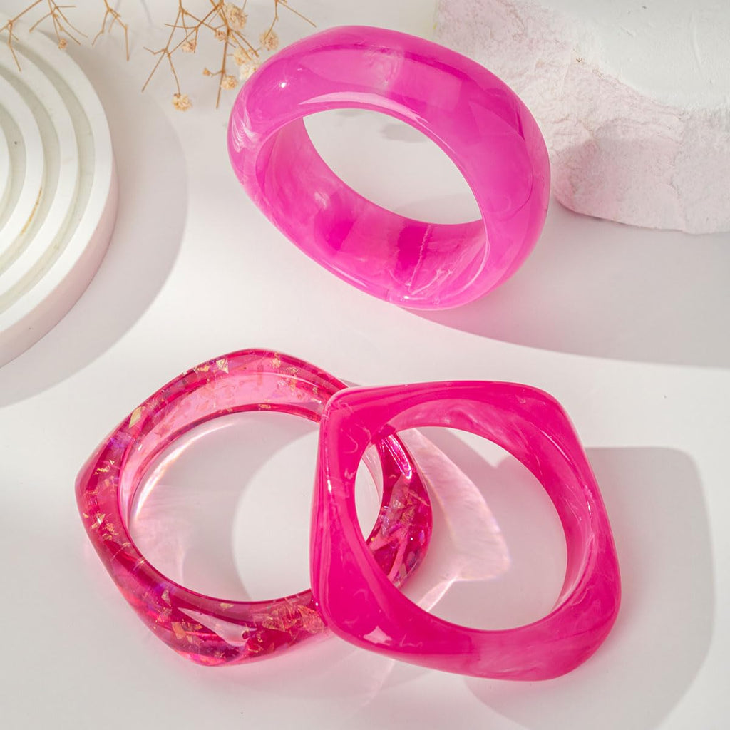 3PCS/Set Chunky Acrylic Resin Bangles Bracelets for Women, Irregular Geometric Designs, Fashion Thick Fuchsia Statement Stackable Bangle Set, Cute Trendy Jewelry, Summer Boho Bracelet Jewelry Gifts (Rose Red)