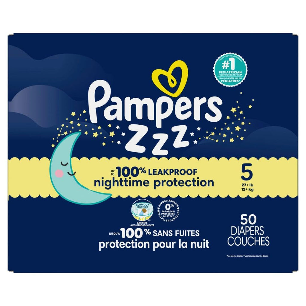 Pampers ZZZ Overnight Diapers, Size 5 (20-37 lbs), 50 Count, Nighttime Protection Disposable Baby Diaper