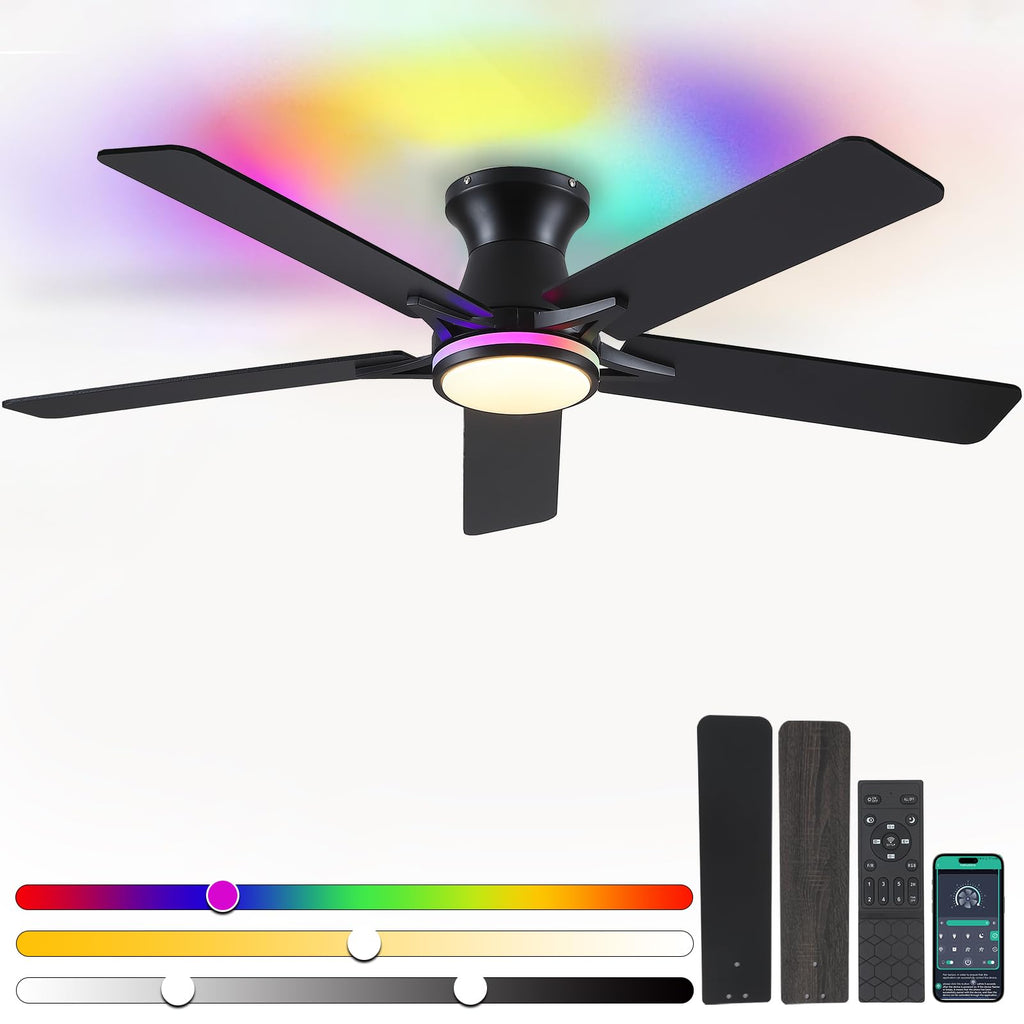 Goniyado 52" RGB Ceiling Fans with Lights and Remote/APP,Black Low Profile Ceiling Fans,Modern Flush Mount Ceiling Fans for Bedroom Kids Room