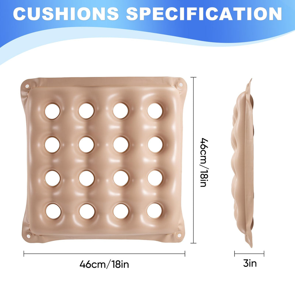 2-Pack Waffle Inflatable Seat Cushions with Pump, 18 Inch Beige 16-Hole Air Cushion for Pressure Relief, Wheelchair, Office Chair, Car Seat & Travel (Beige)
