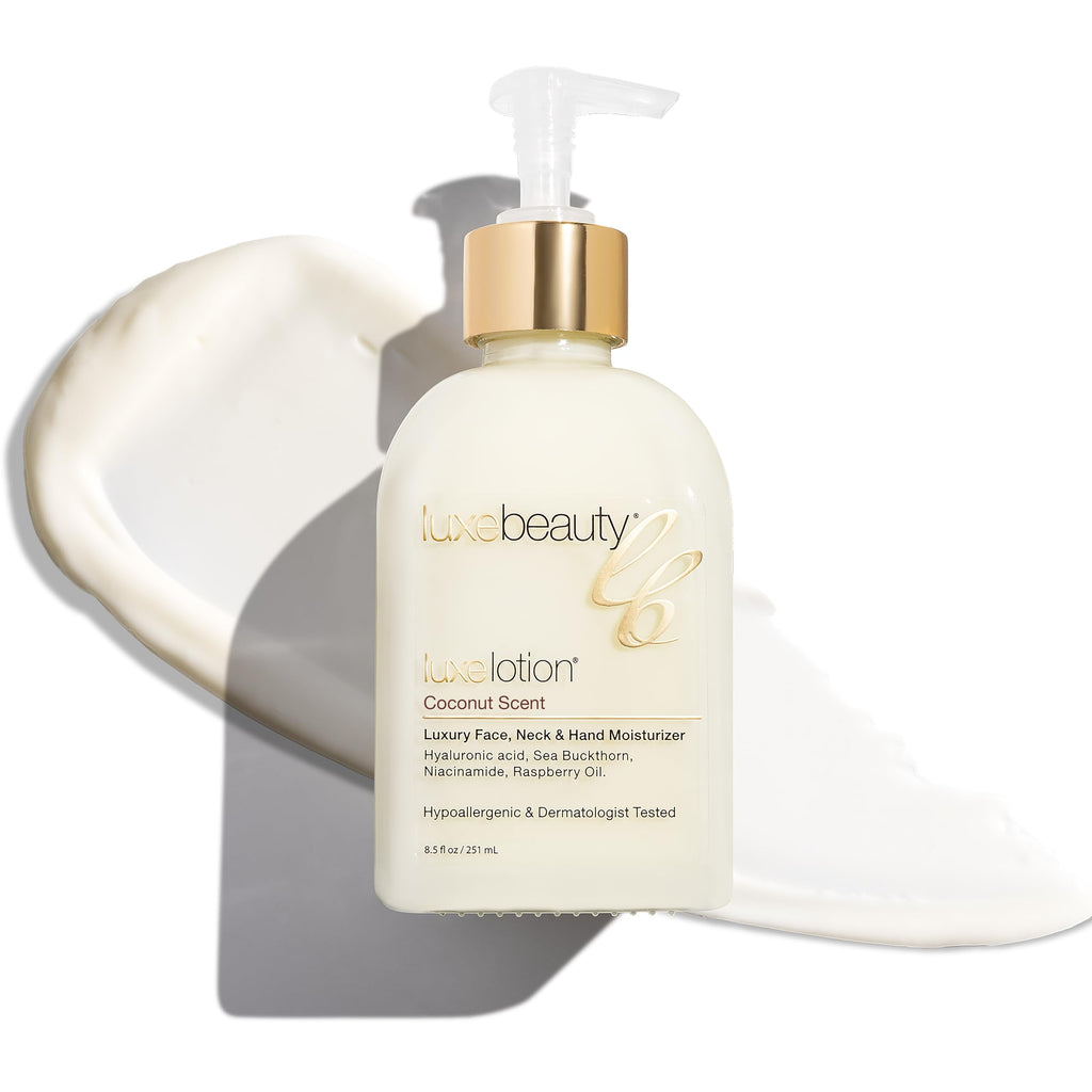 LUXELOTION Non-Greasy Moisturizer for Face, Neck & Hands – Coconut Scented Lotion, Anti-Aging, Hyaluronic Acid Body Lotion - Hyaluronic Acid for Body with Organic & Plant Based Ingredients