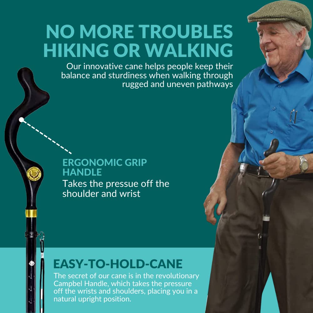 Campbell Posture Cane | Walking Cane for Men, Women | Mobility Device, Portable, Lightweight, Adjustable, Self-Standing, Folding, Collapsible Hand Walking Stick, 10 Height Adjustment, 360 Traction Tip