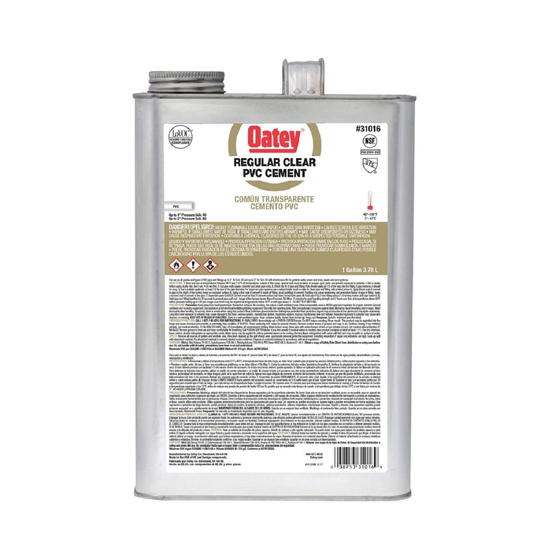 Oatey 31016 Gallon PVC Regular Clear Cement, 128 Fl Oz