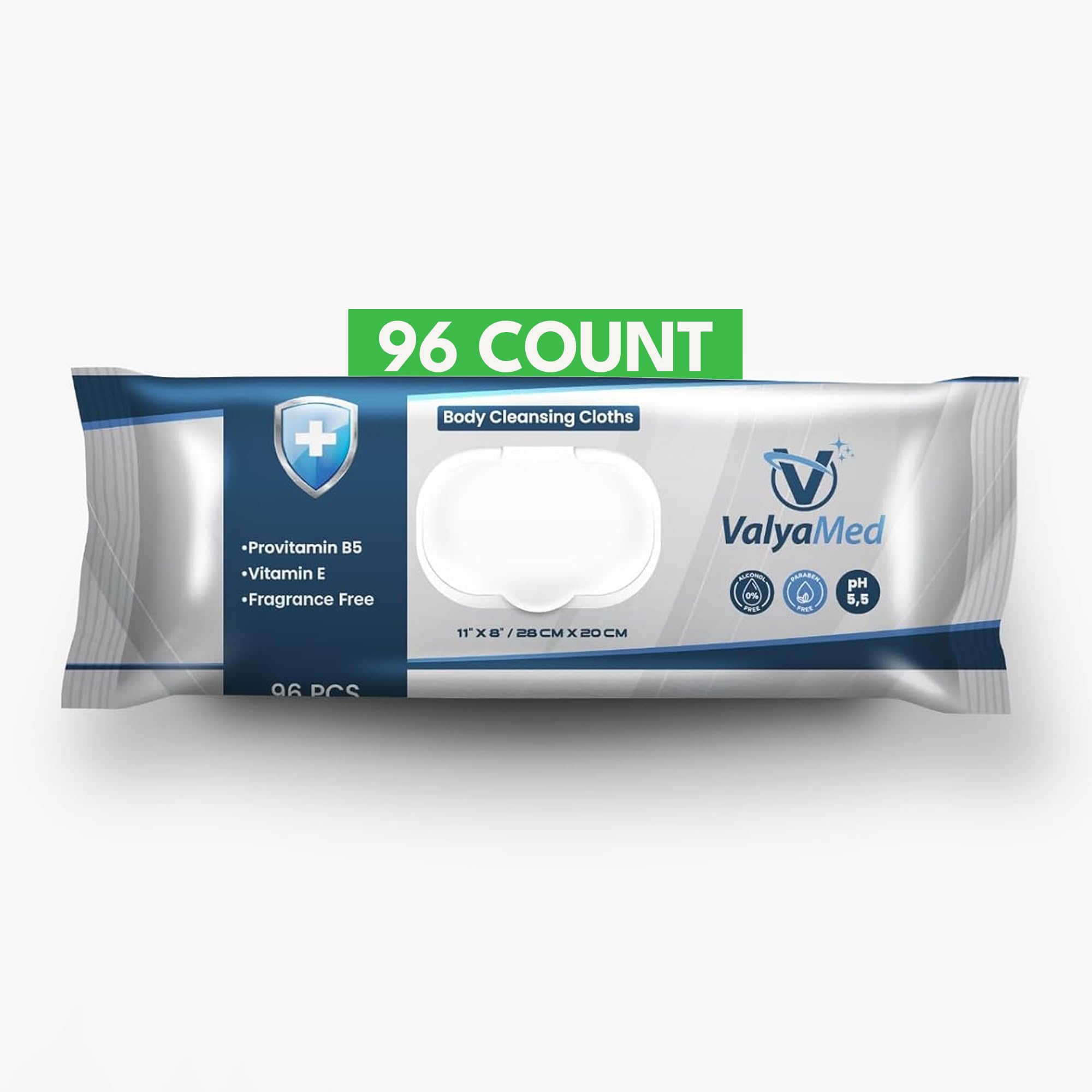 ValyaMed Body Wipes for Adults, XL for full Body, Adult and Elderly, Alcohol-Free Incontinence, Paraben Free, Fragrance-Free, Vitamin E, Provitamin B5-11'' x 8'' (96 Count - Single Pack)