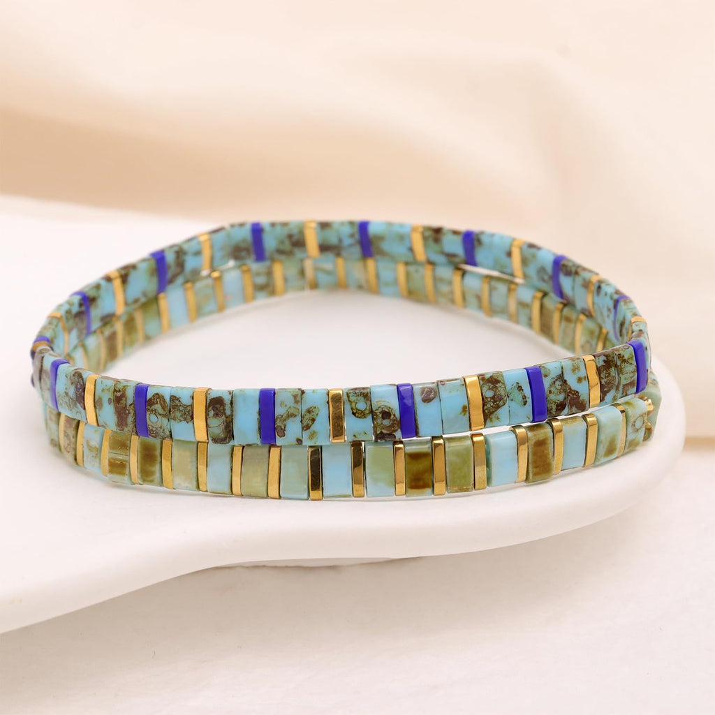 Tyebiva Tila Flat Beaded Bracelets Set for Women, 4Pcs Trendy Handmade Glass Turquoise Colorful Stack Beads Stretch Bracelet Festive Holiday Accessories Jewelry Gift.
