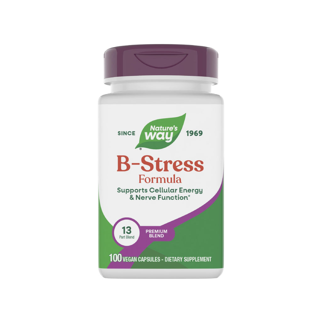 Nature's Way B-Stress Formula, Supports Cellular Energy & Nerve Function*, with Vitamins C, B12, Vitamin B6 & More, Gluten Free, 100 Vegan Capsules (Packaging May Vary)