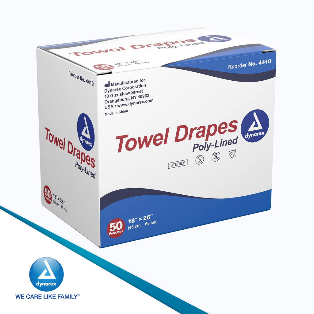 Dynarex Disposable Towel Drapes, Sterile, 18" x 26," for Medical & Surgical Use, Poly-Interlined Lining, Protect from Contaminants, 1 Box of 50 Drapes