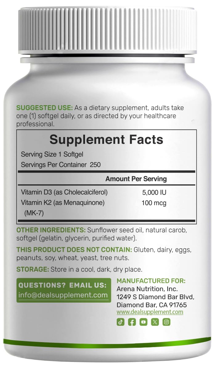 DEAL SUPPLEMENT 2 Pack Vitamin D3 5,000 IU + K2 MK7 Softgels, 500 Count | 2-in-1 Complex | Supports Heart, Bone, Teeth & Immune Health | Easy to Swallow