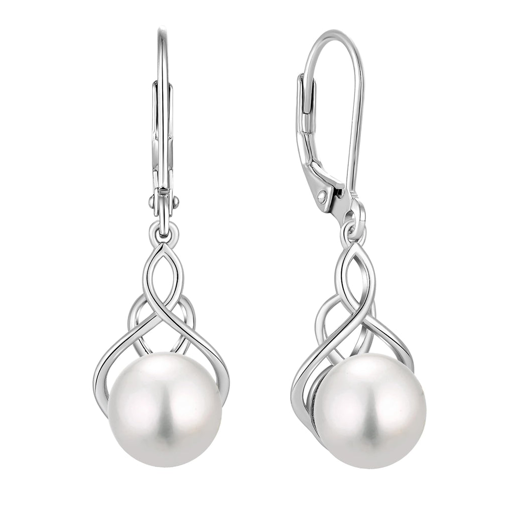 VESHON Celtic Knot Pearl Earrings for Women - 925 Sterling Silver Dangle Leverback Earrings with 9mm Freshwater Pearl Jewelry Gifts, White Gold Plated