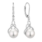 VESHON Celtic Knot Pearl Earrings for Women - 925 Sterling Silver Dangle Leverback Earrings with 9mm Freshwater Pearl Jewelry Gifts, White Gold Plated