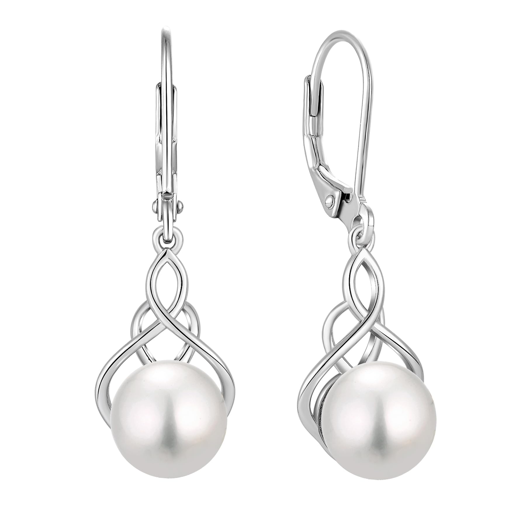 VESHON Celtic Knot Pearl Earrings for Women - 925 Sterling Silver Dangle Leverback Earrings with 9mm Freshwater Pearl Jewelry Gifts, White Gold Plated