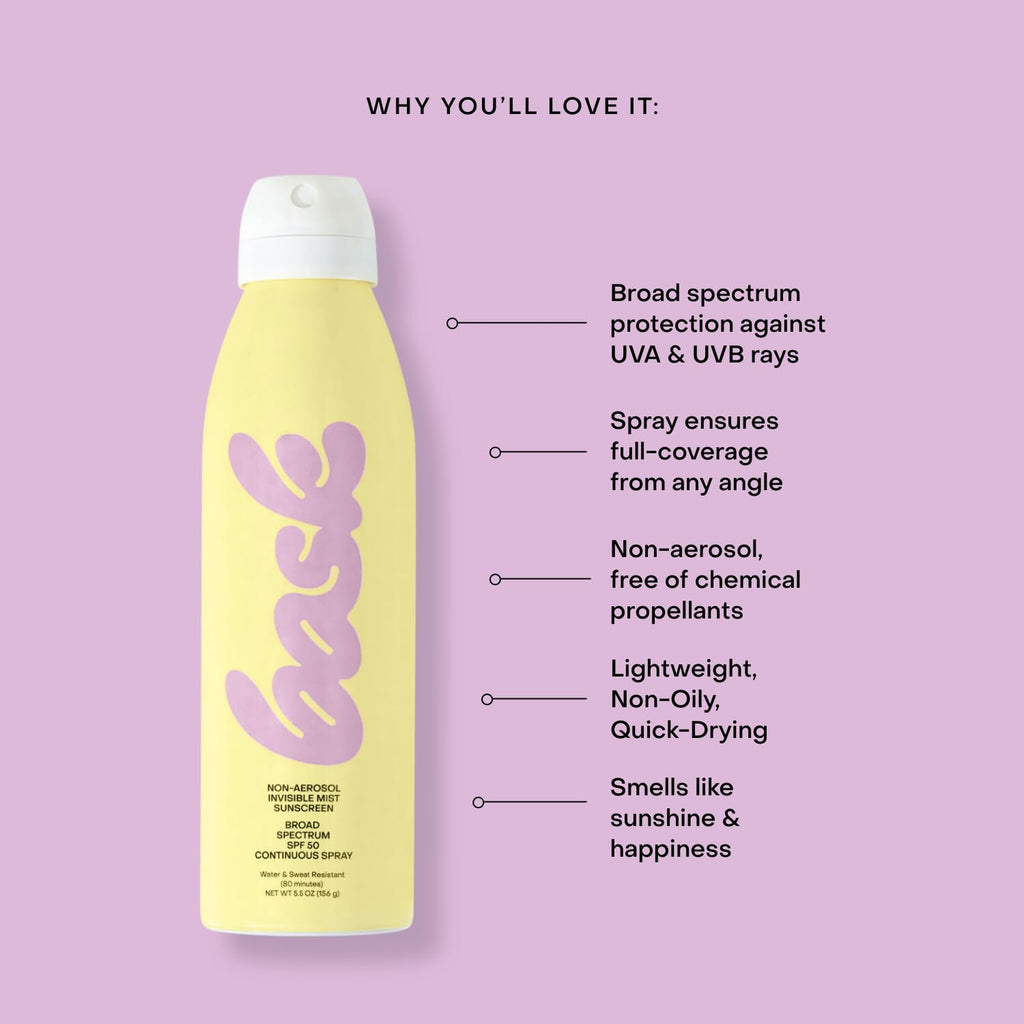 Bask Suncare SPF 50 Sunscreen Spray - Non-Aerosol, Broad Spectrum UVA/UVB Protection, Dermatologist Recommended, Moisturizing, Lightweight & Non-Greasy, 5.5 oz