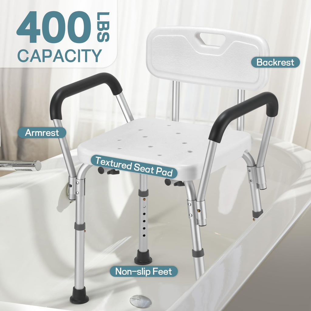 TABEKE Shower Chair for Inside Shower, Heavy Duty Shower Chair with Backrest & Padded Armrest, Height Adjustable Shower Bench, Shower Seat for Bathtub, Elderly and Disabled