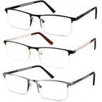 JJWELL 3 Pack Mens Reading Glasses Blue Light Blocking, Metal Rectangle Semi Rimless Readers for Men, Anti Eyestrain/Computer Glare/UV, Half Frame Spring Hinge Eyeglasses with Pouches(3.25)