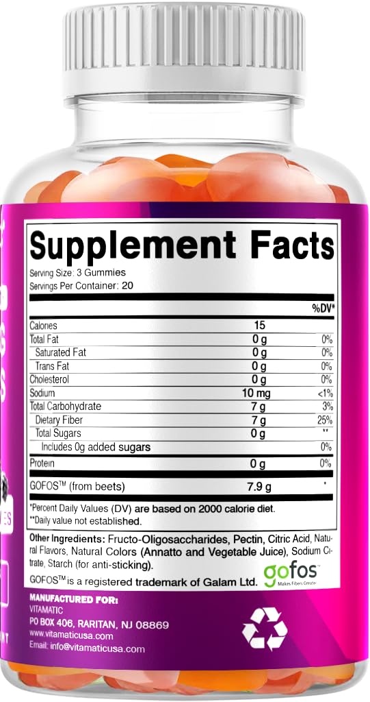 Vitamatic Prebiotic Fiber Gummies for Adults – 2 Pack (Total 120 Gummies) 7g Fiber per Serving | Extra Strength | Zero Sugar Added | Pectin-Based | Digestive Health & Regularity Support