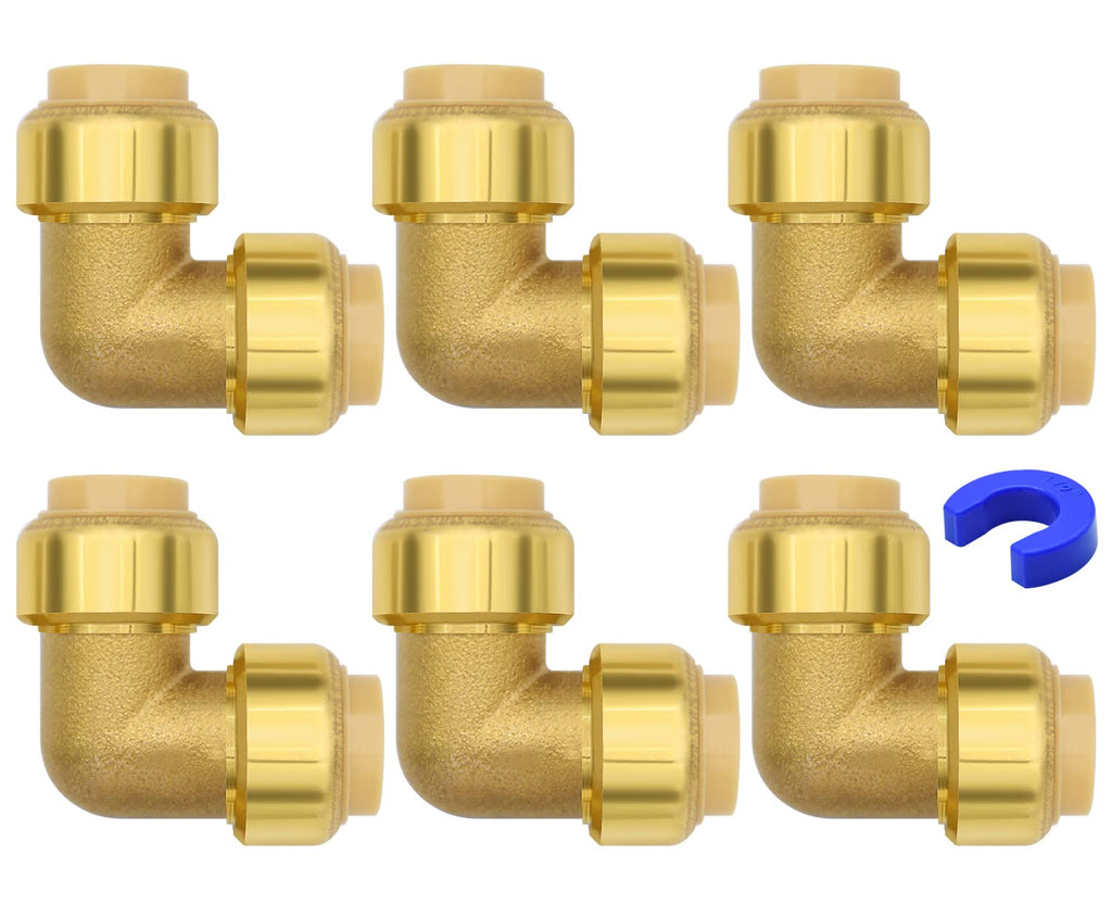 6 Pack Push-to-Connect Plumbing Fittings, 1/2" Pushfit Elbow Fittings with Disconnect Clip for Copper, PEX, CPVC Pipe