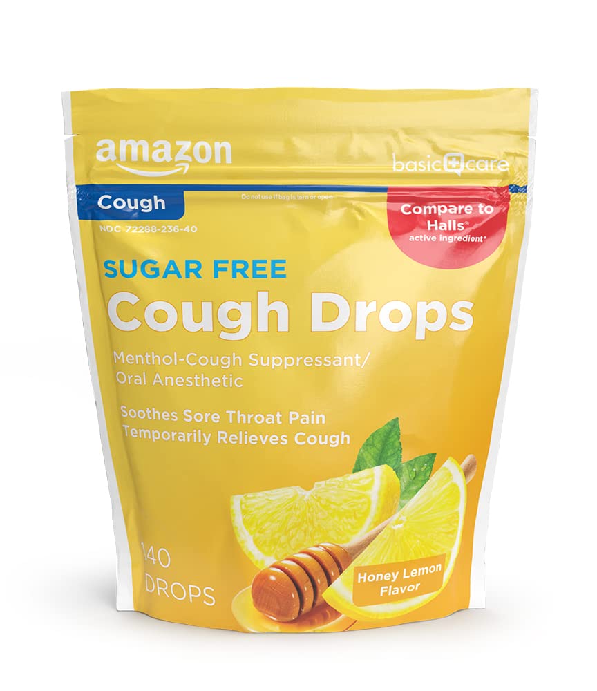 Amazon Basic Care Sugar Free Honey Lemon Cough Drops for Sore Throat Relief, Soothes Cough, 140 Count (Compare to Halls)
